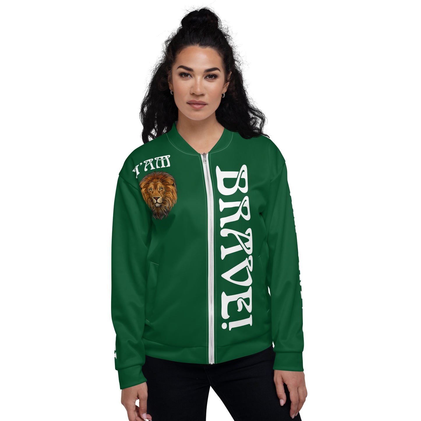 “IAM BRAVE!”Green Unisex Bomber Jacket W/White Font