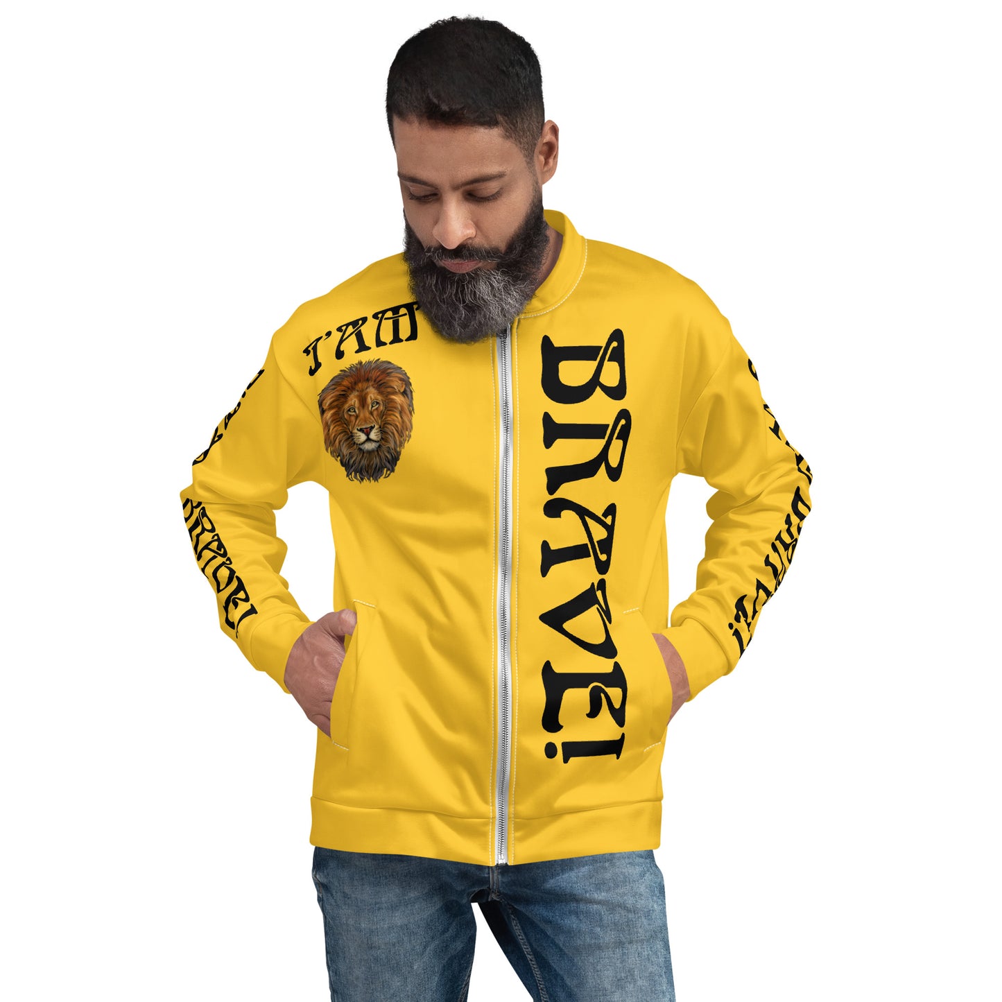 “IAM BRAVE!”Yellow Unisex Bomber Jacket W/Black Font
