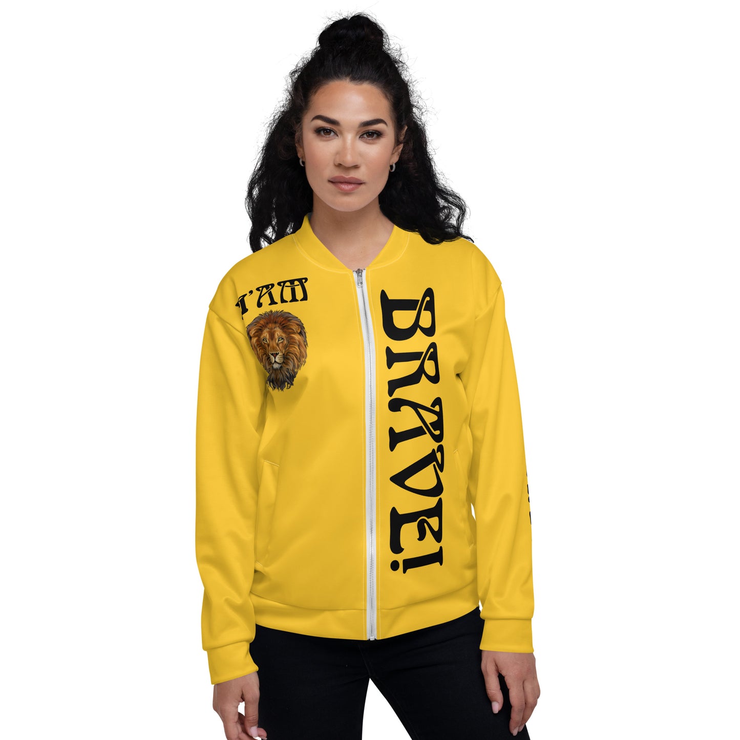 “IAM BRAVE!”Yellow Unisex Bomber Jacket W/Black Font