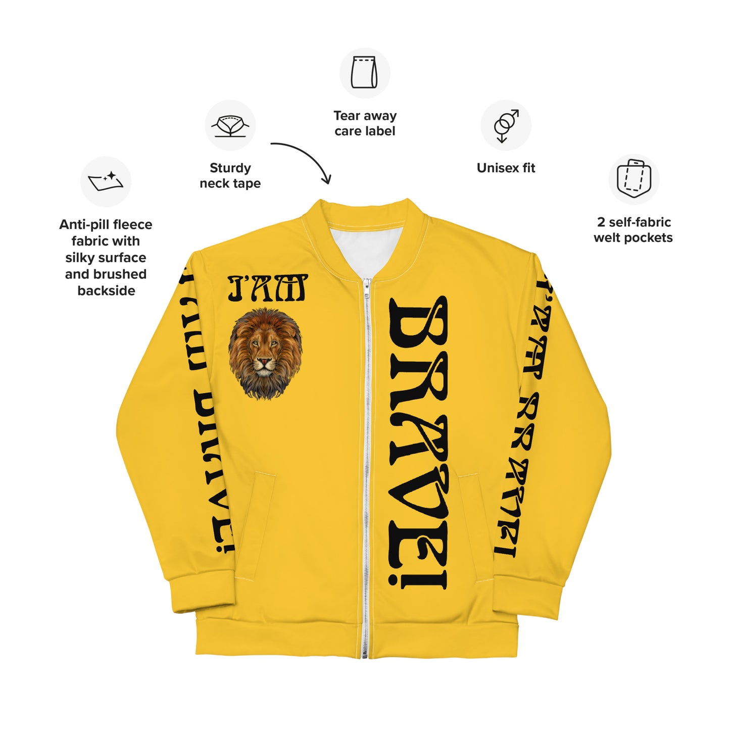 “IAM BRAVE!”Yellow Unisex Bomber Jacket W/Black Font
