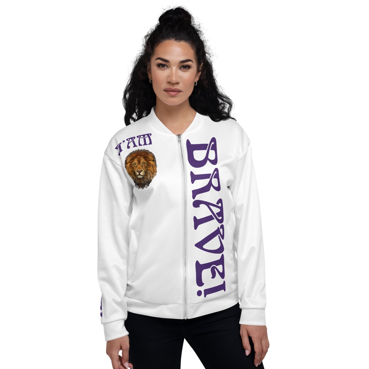 “IAM BRAVE!"White Unisex Bomber Jacket W/Purple Font