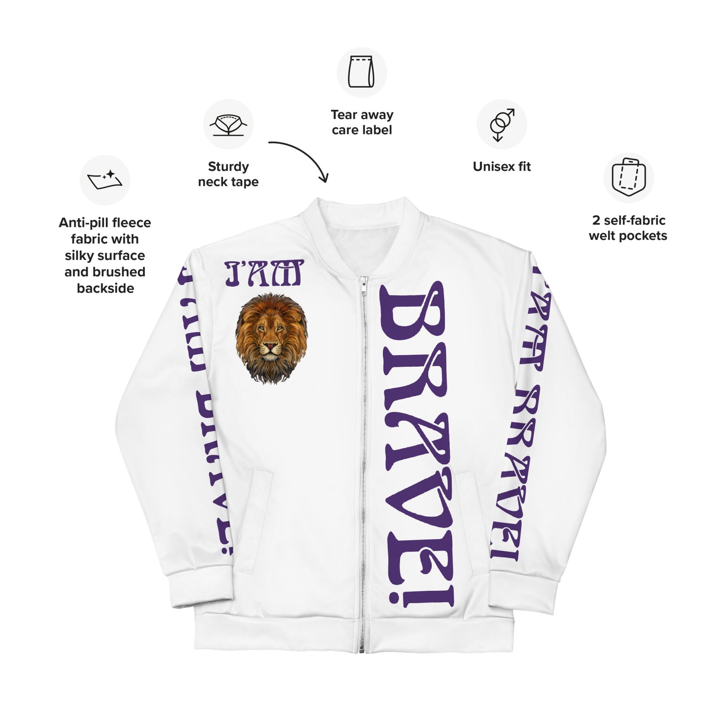 “IAM BRAVE!"White Unisex Bomber Jacket W/Purple Font