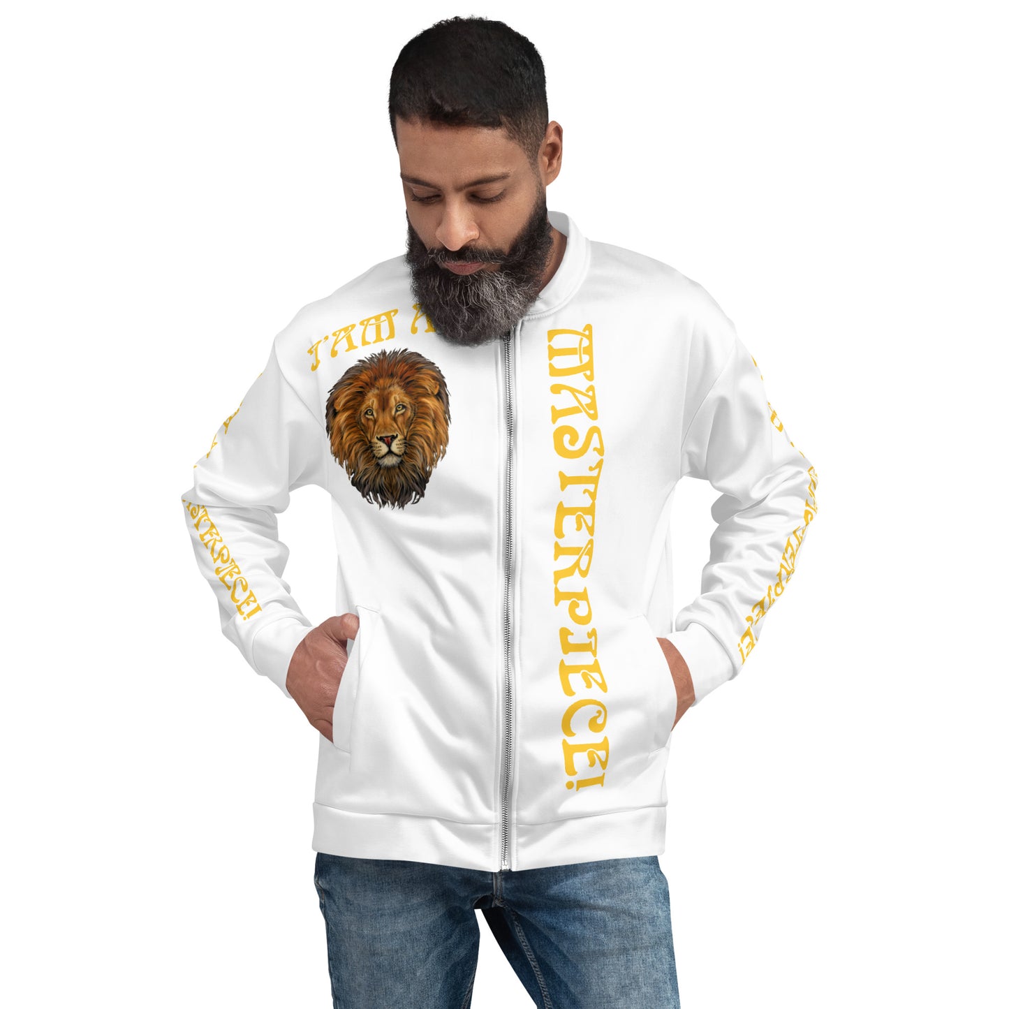 “IAM A MASTERPIECE!”White Unisex Bomber Jacket W/Yellow Font
