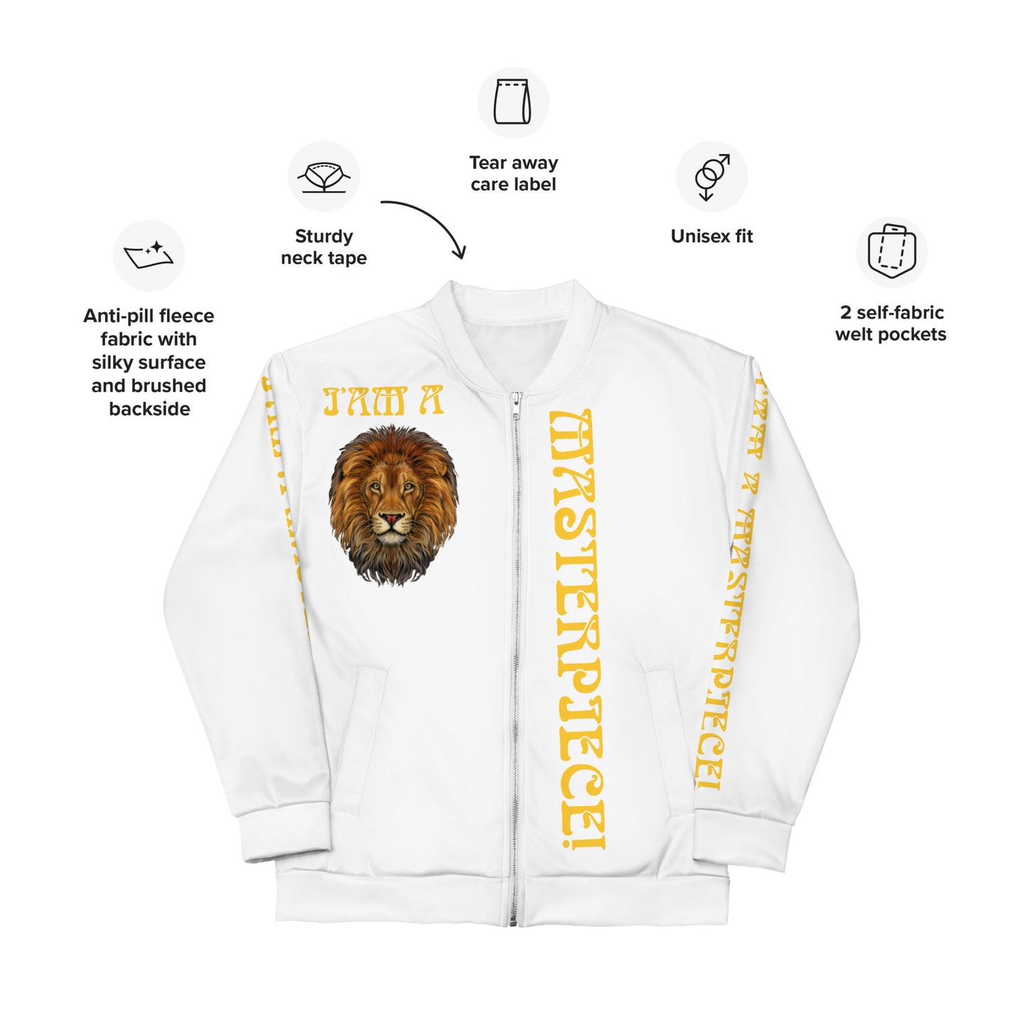 “IAM A MASTERPIECE!”White Unisex Bomber Jacket W/Yellow Font
