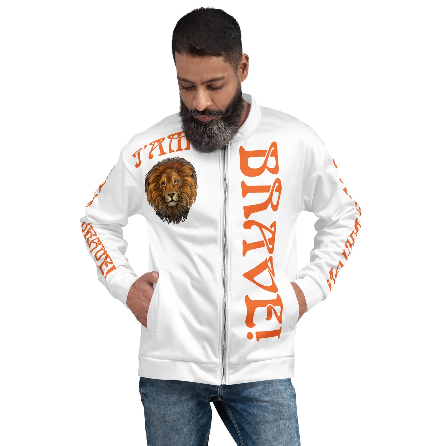 “IAM BRAVE!"White Unisex Bomber Jacket W/Orange Font