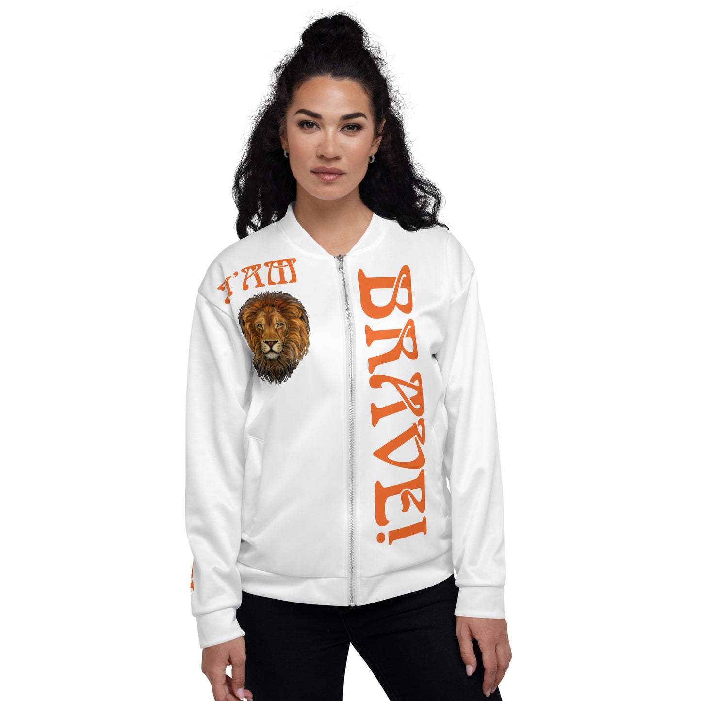 “IAM BRAVE!"White Unisex Bomber Jacket W/Orange Font