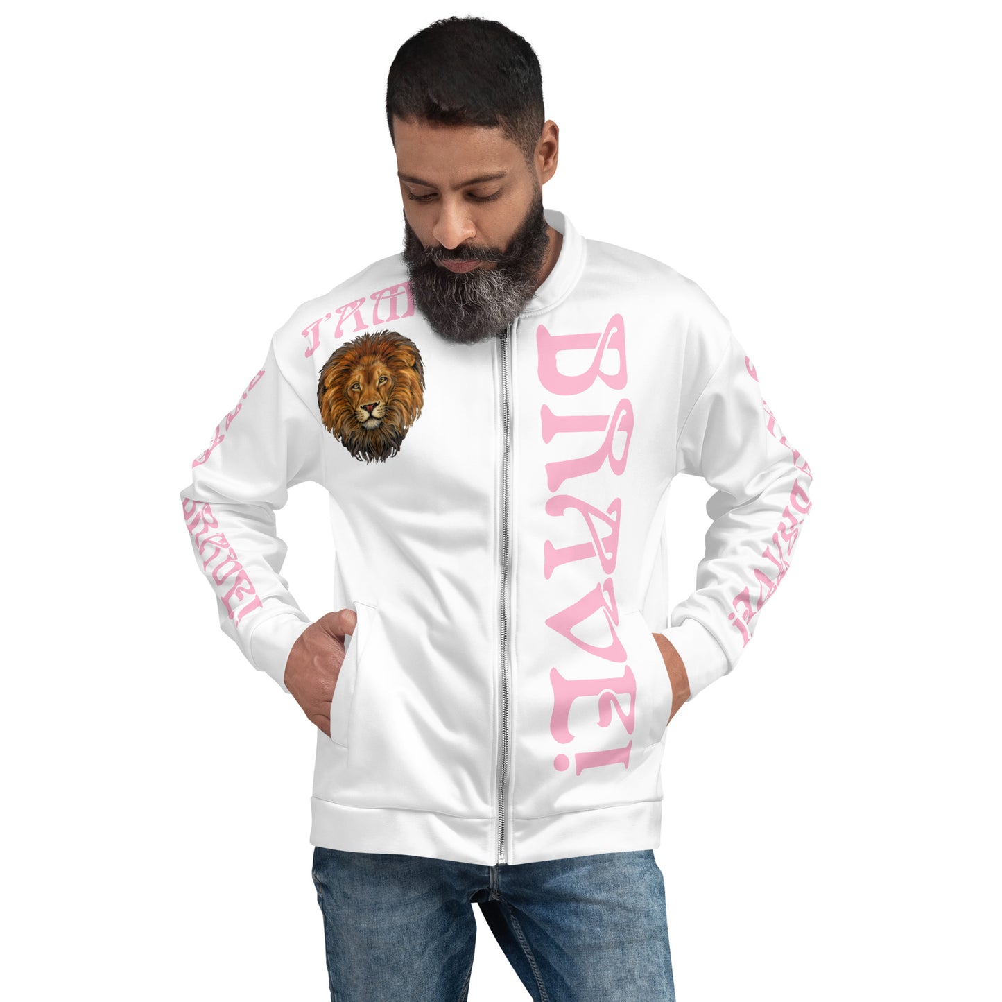 “IAM BRAVE!”White Unisex Bomber Jacket W/Cotton Candy Font