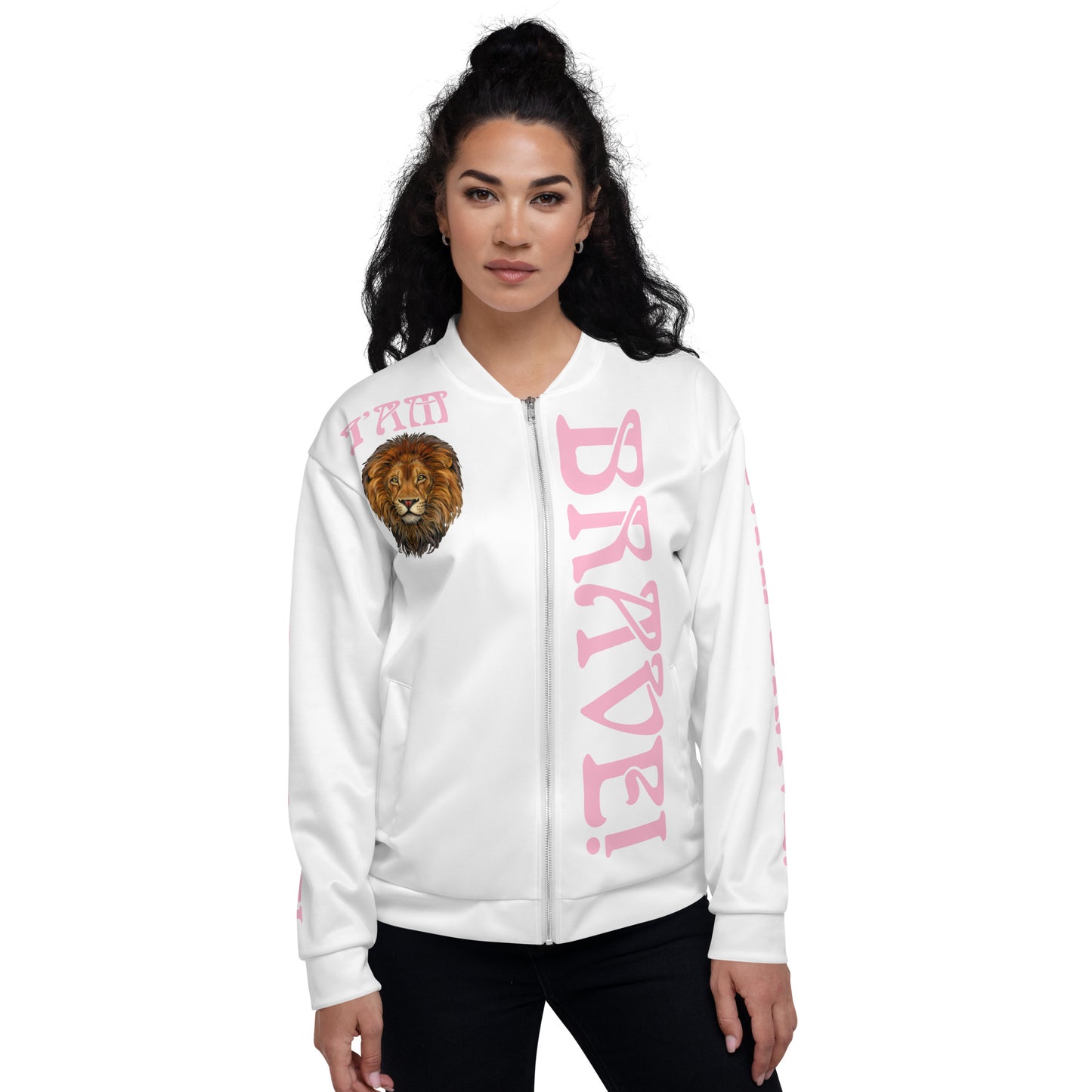 “IAM BRAVE!”White Unisex Bomber Jacket W/Cotton Candy Font