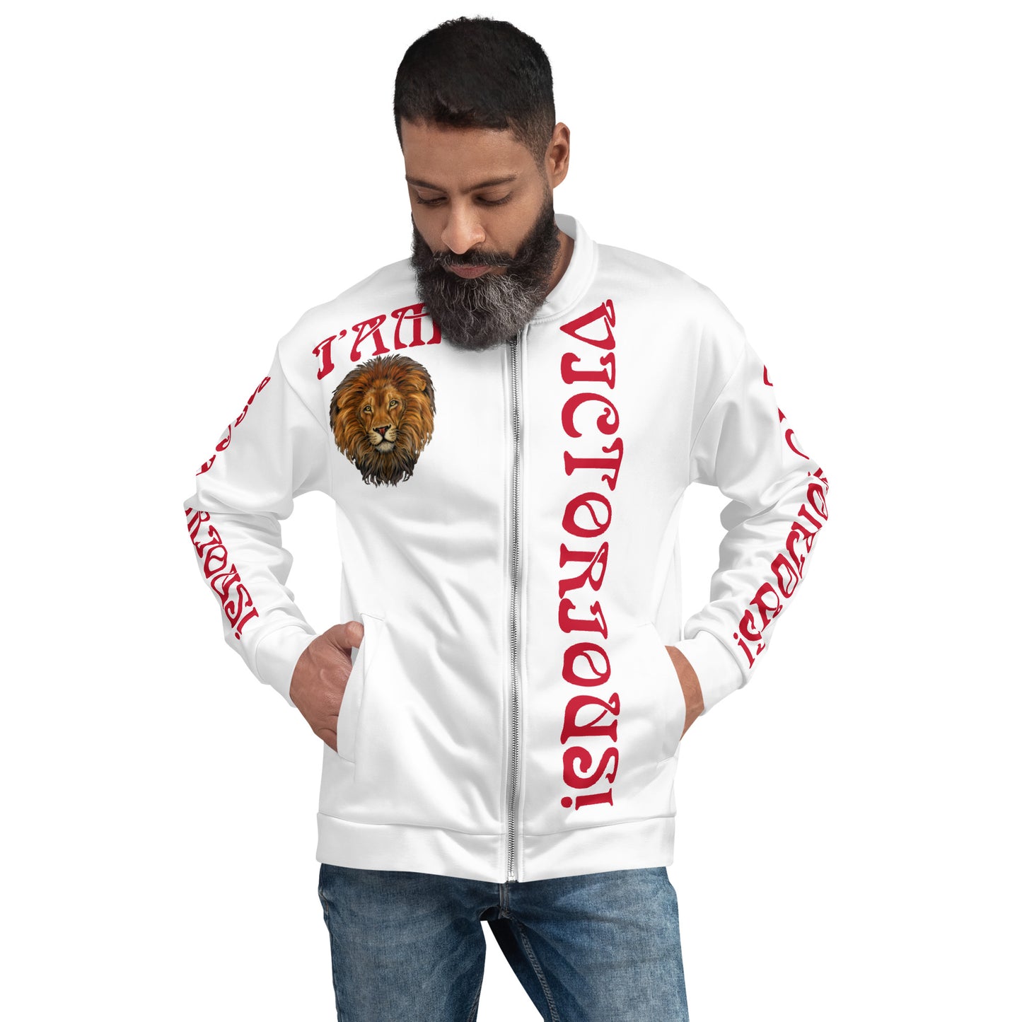 “I’AM VICTORIOUS!”White Unisex Bomber Jacket W/Red Font