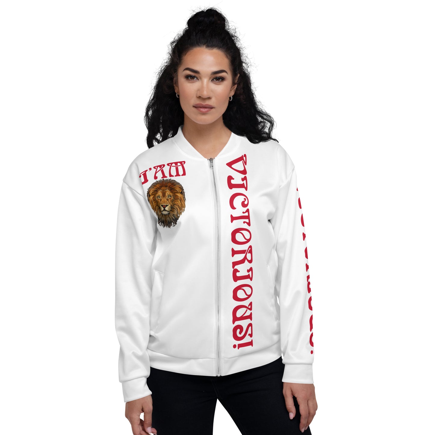 “I’AM VICTORIOUS!”White Unisex Bomber Jacket W/Red Font