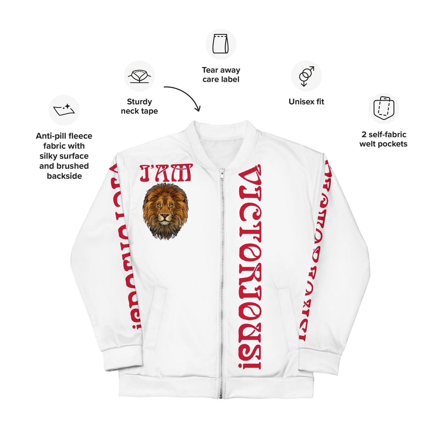 “I’AM VICTORIOUS!”White Unisex Bomber Jacket W/Red Font