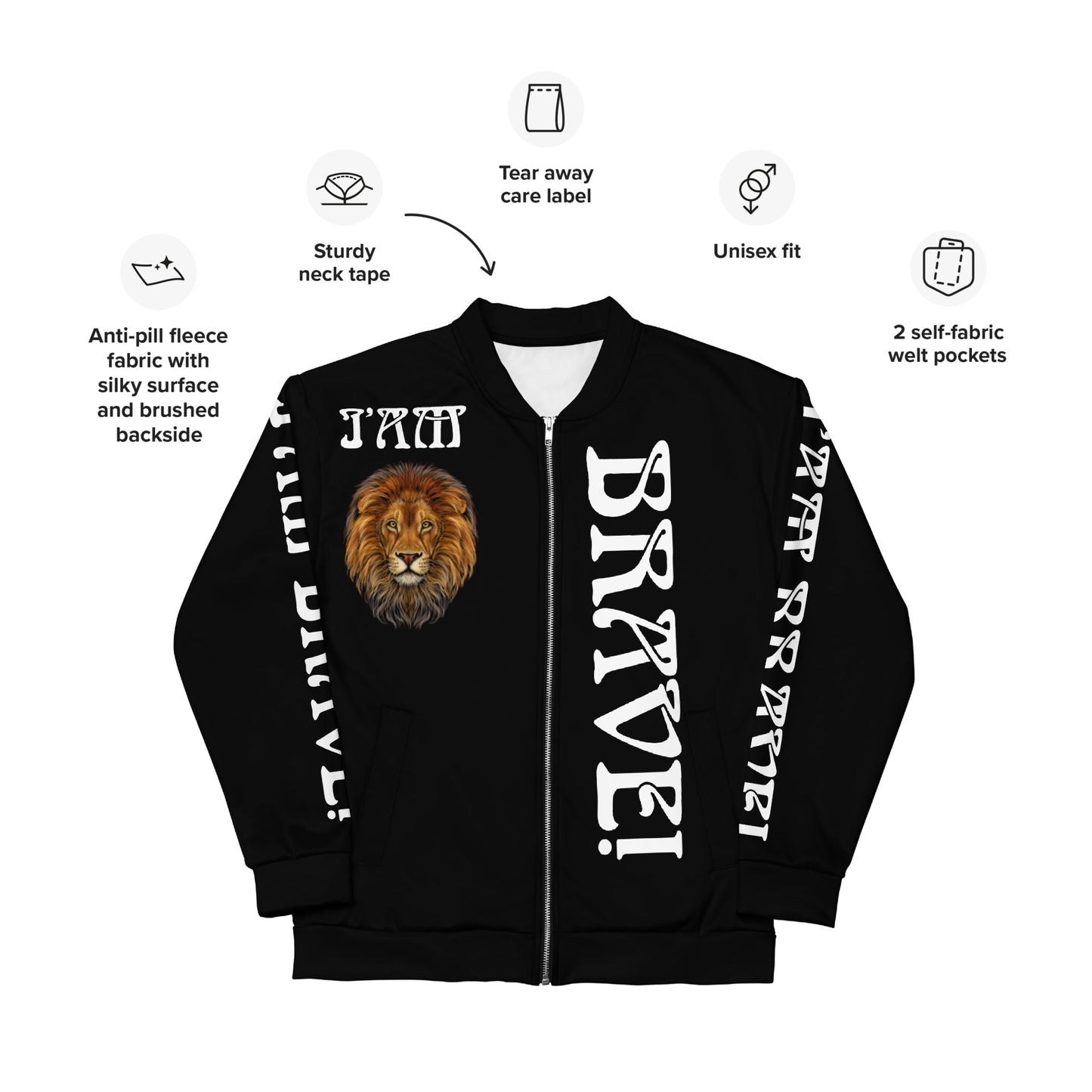 “IAM BRAVE!"Black Unisex Bomber Jacket W/White Font