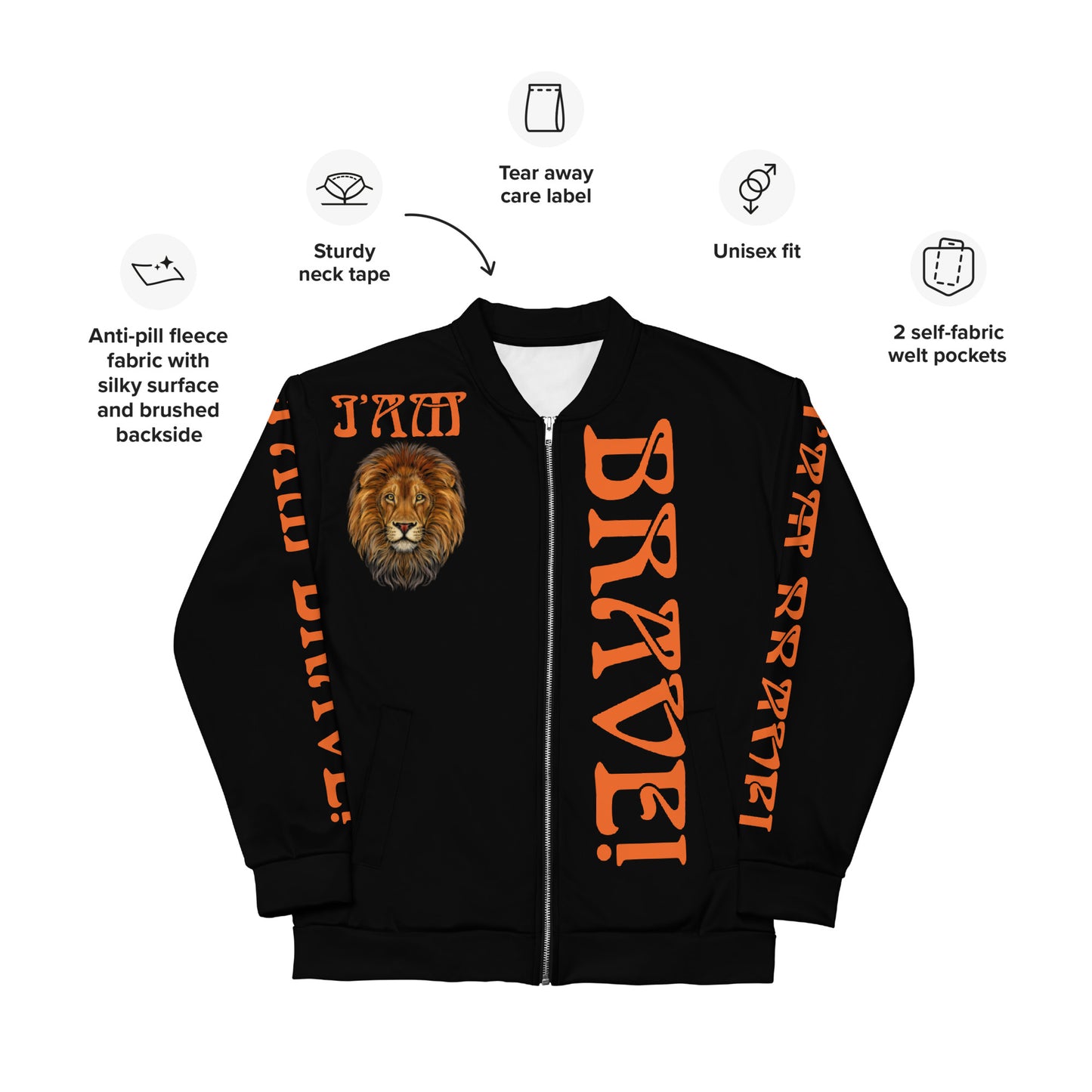 “IAM BRAVE!"Black Unisex Bomber Jacket W/Orange Font