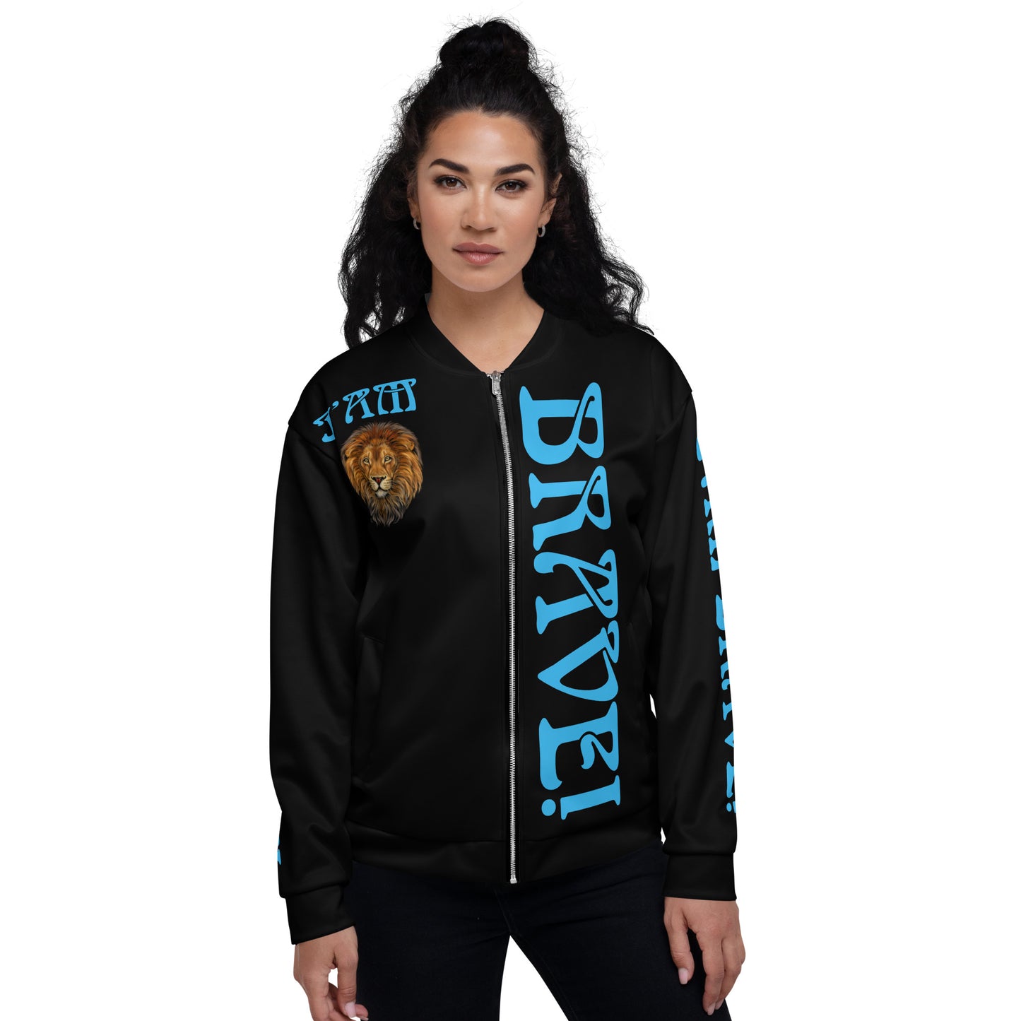 “IAM BRAVE!"Black Unisex Bomber Jacket W/SkyBlue Font