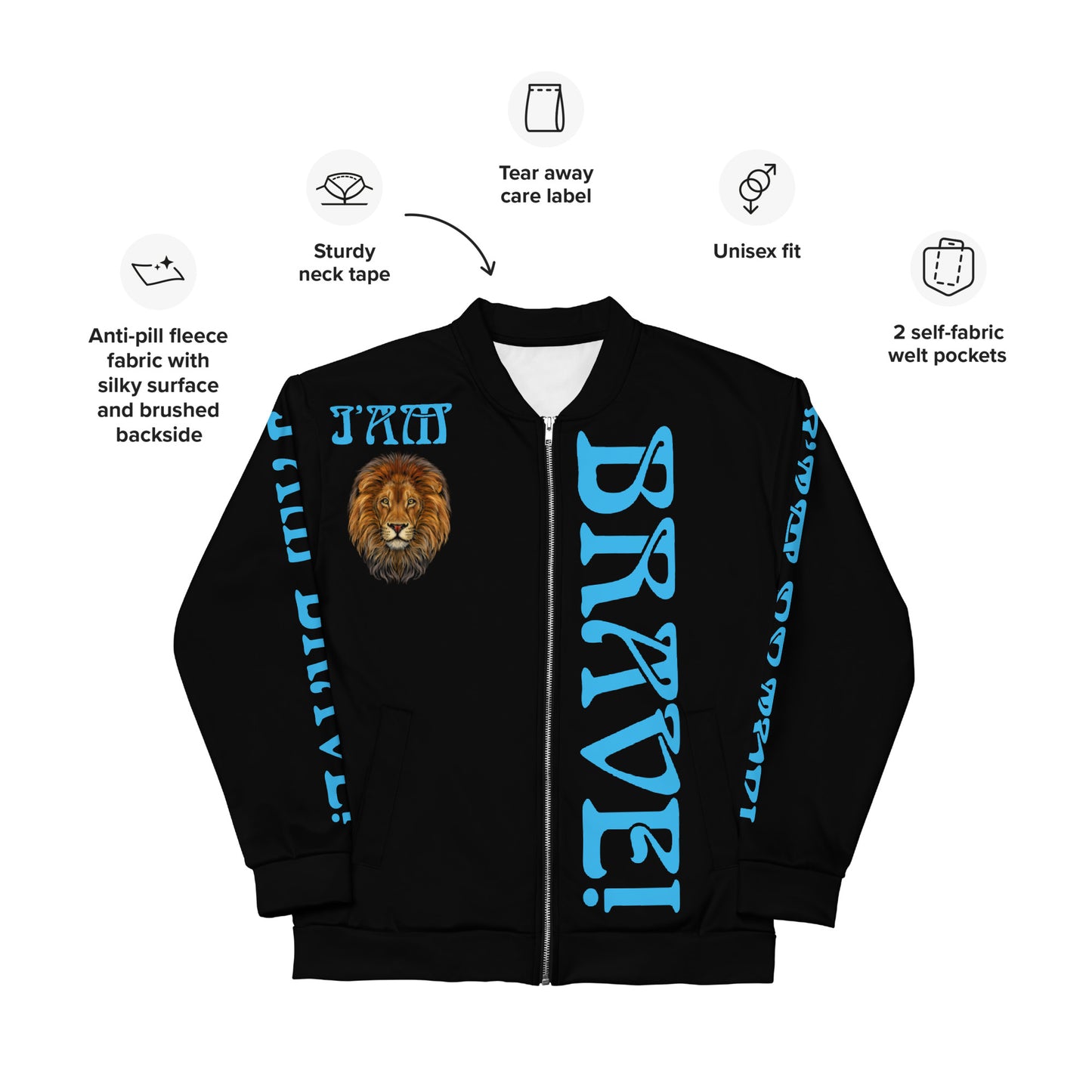 “IAM BRAVE!"Black Unisex Bomber Jacket W/SkyBlue Font