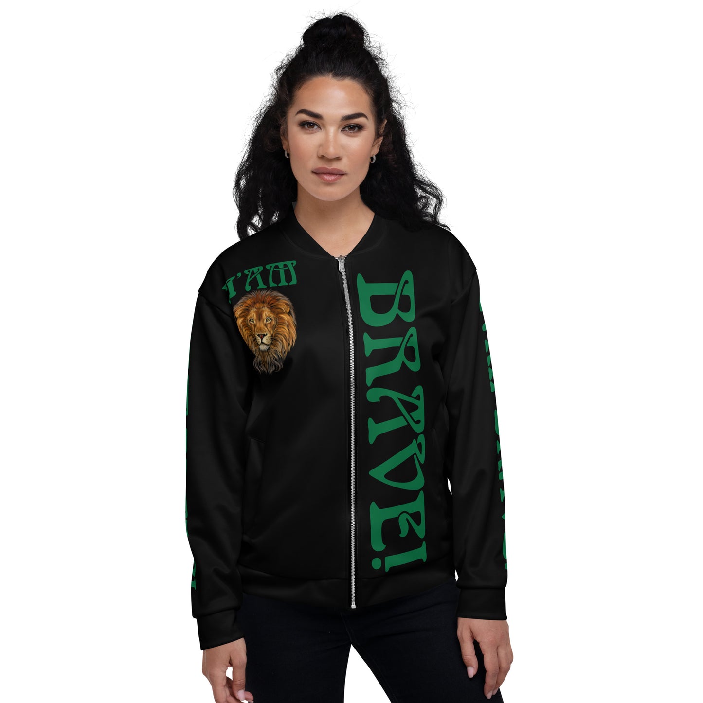 “IAM BRAVE!"Black Unisex Bomber Jacket W/Green Font