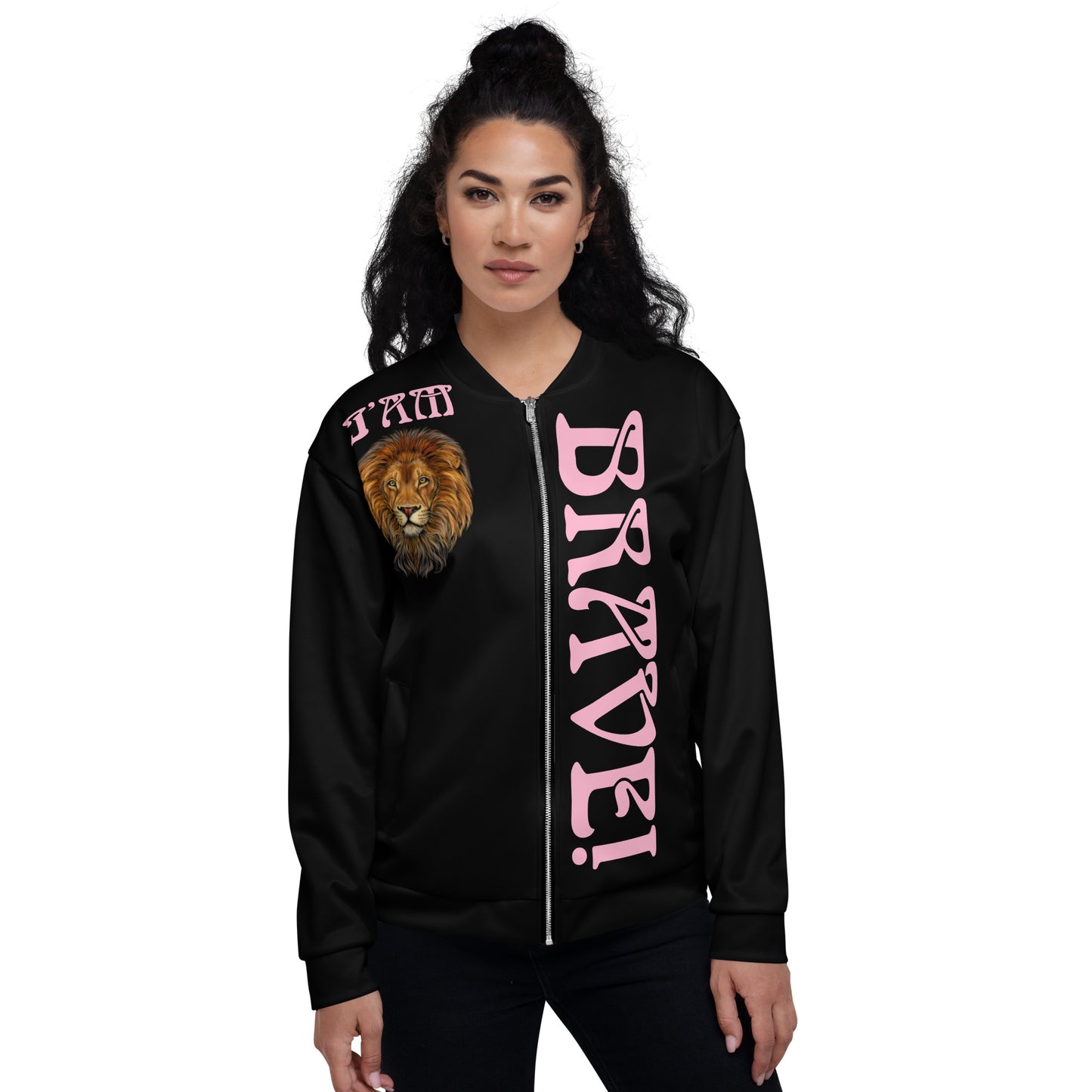“IAM BRAVE!"Black Unisex Bomber Jacket W/Cotton Candy Font