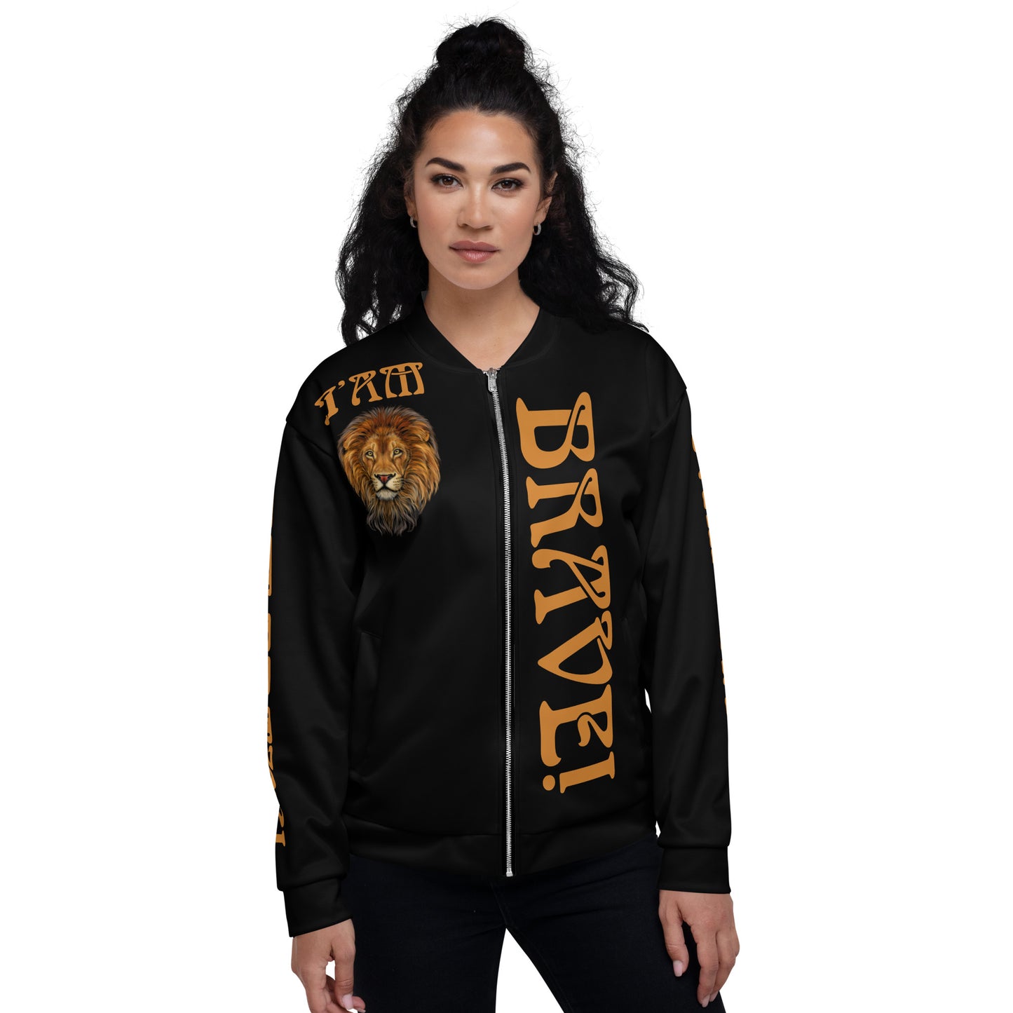 “IAM BRAVE!"Black Unisex Bomber Jacket W/Bronze Font