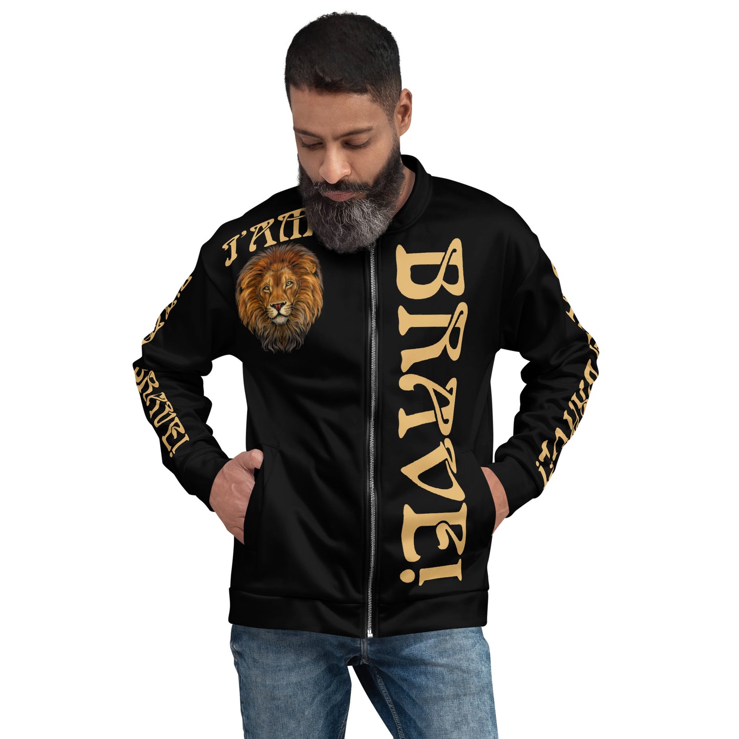 “IAM BRAVE!"Black Unisex Bomber Jacket W/Fawn Font