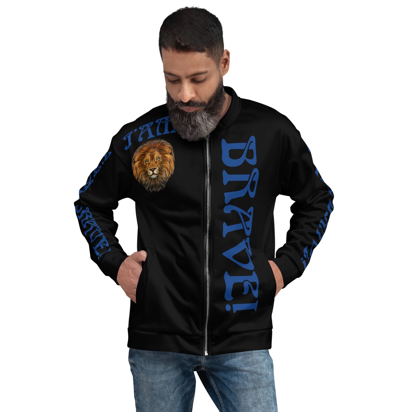 “IAM BRAVE!"Black Unisex Bomber Jacket W/Blue Font