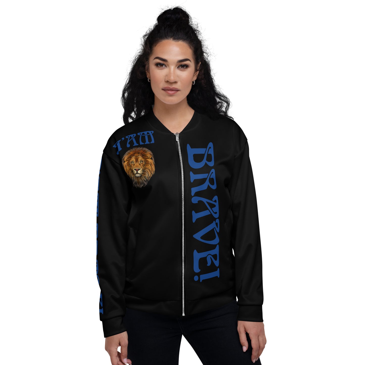 “IAM BRAVE!"Black Unisex Bomber Jacket W/Blue Font