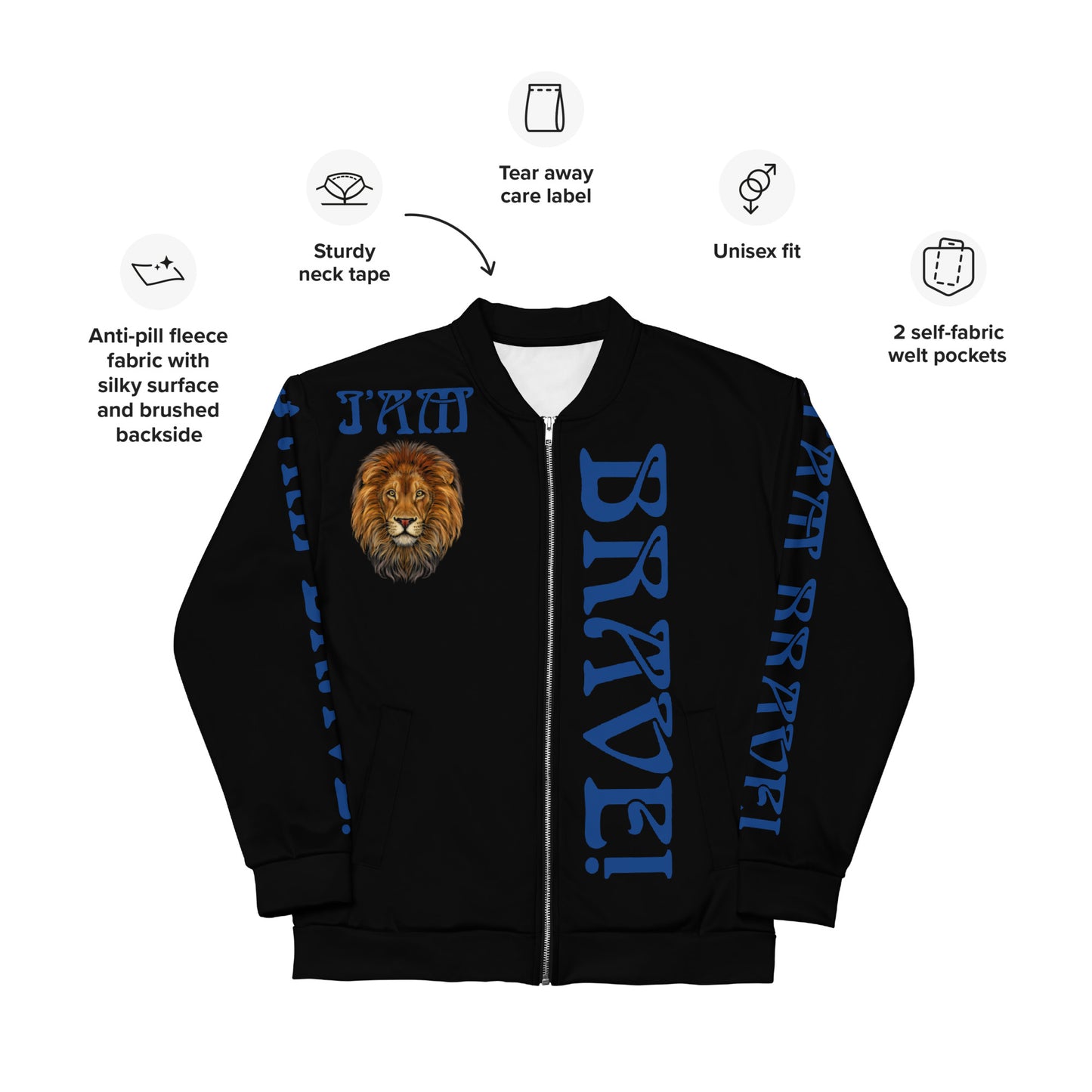 “IAM BRAVE!"Black Unisex Bomber Jacket W/Blue Font
