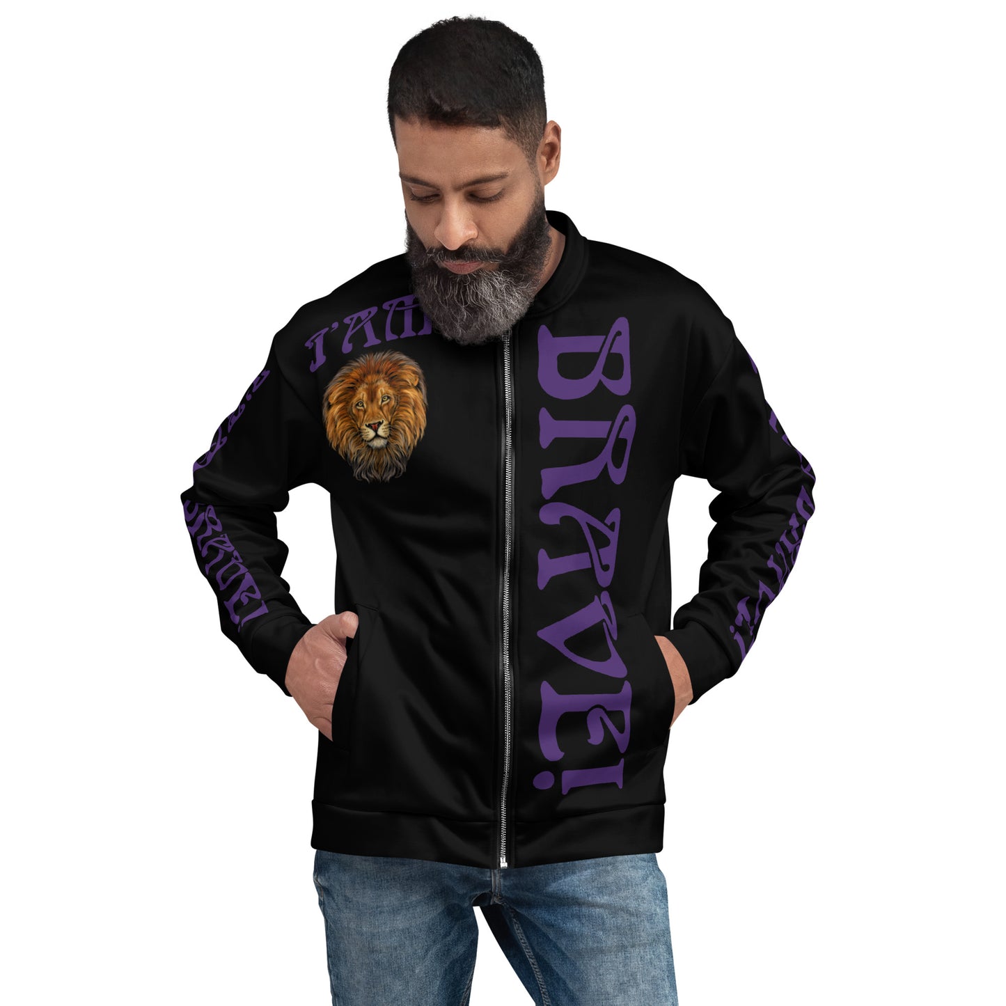 “IAM BRAVE!"Black Unisex Bomber Jacket W/Purple Font