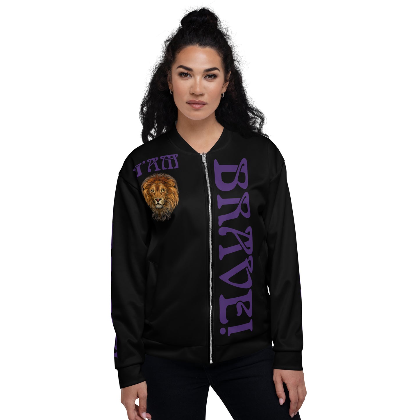 “IAM BRAVE!"Black Unisex Bomber Jacket W/Purple Font