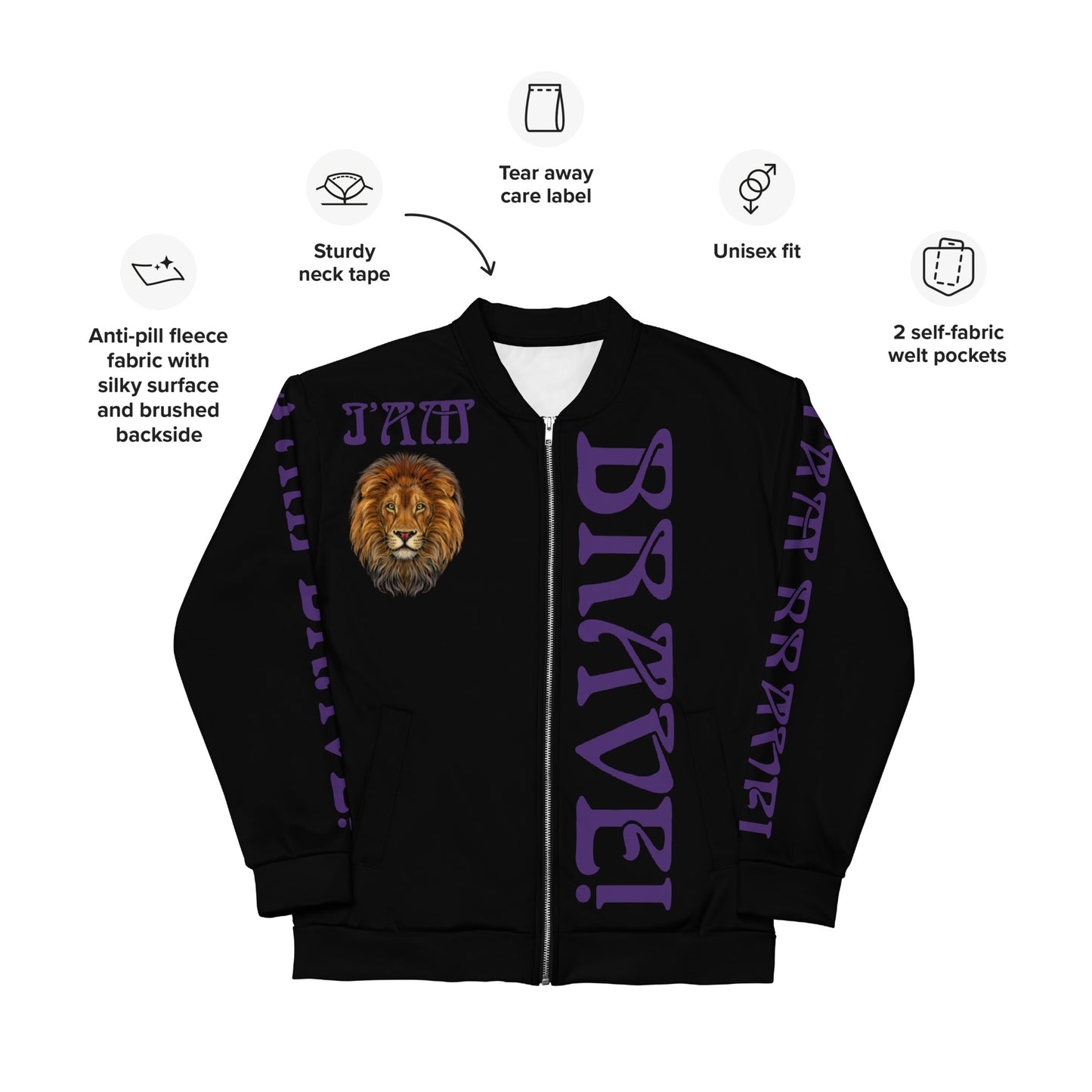 “IAM BRAVE!"Black Unisex Bomber Jacket W/Purple Font