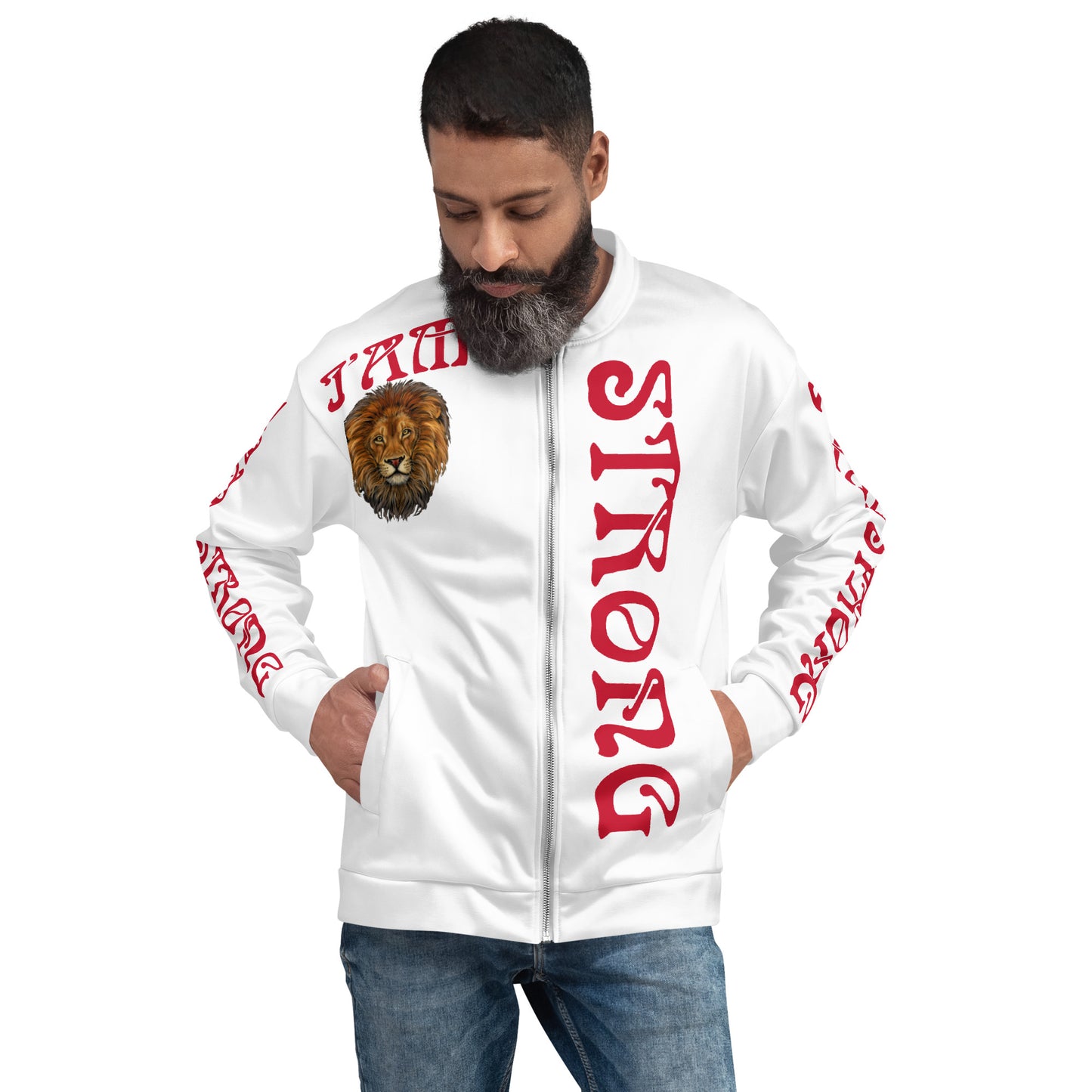 ‘I’AM STRONG!”White Unisex Bomber Jacket W/Red Font