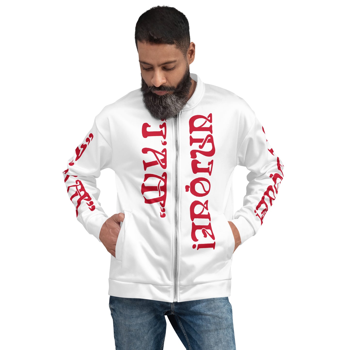“I’AM UNIQUE!”White Unisex Bomber Jacket W/Red Font