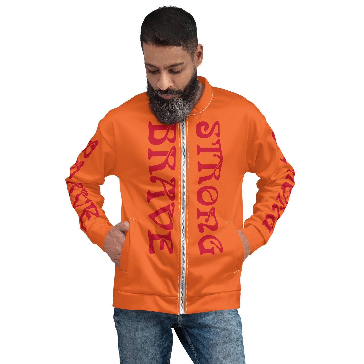 “BRAVE,STRONG”Orange Unisex Bomber Jacket W/Red Font