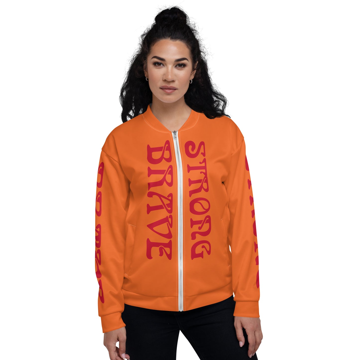 “BRAVE,STRONG”Orange Unisex Bomber Jacket W/Red Font