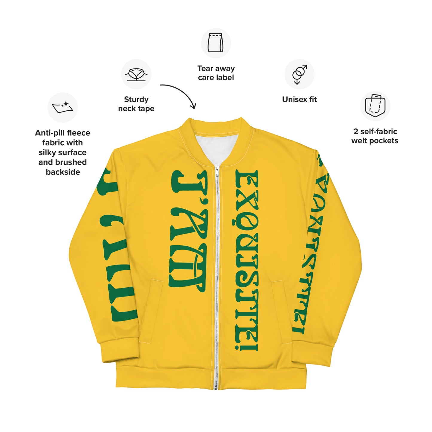 “I’AM EXQUISITE!”Yellow Unisex Bomber Jacket W/Green Font