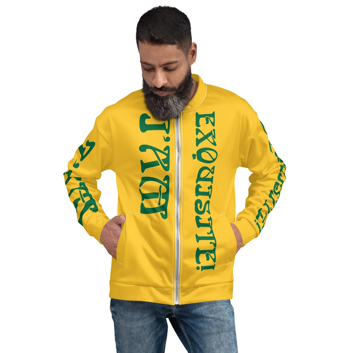 “I’AM EXQUISITE!”Yellow Unisex Bomber Jacket W/Green Font