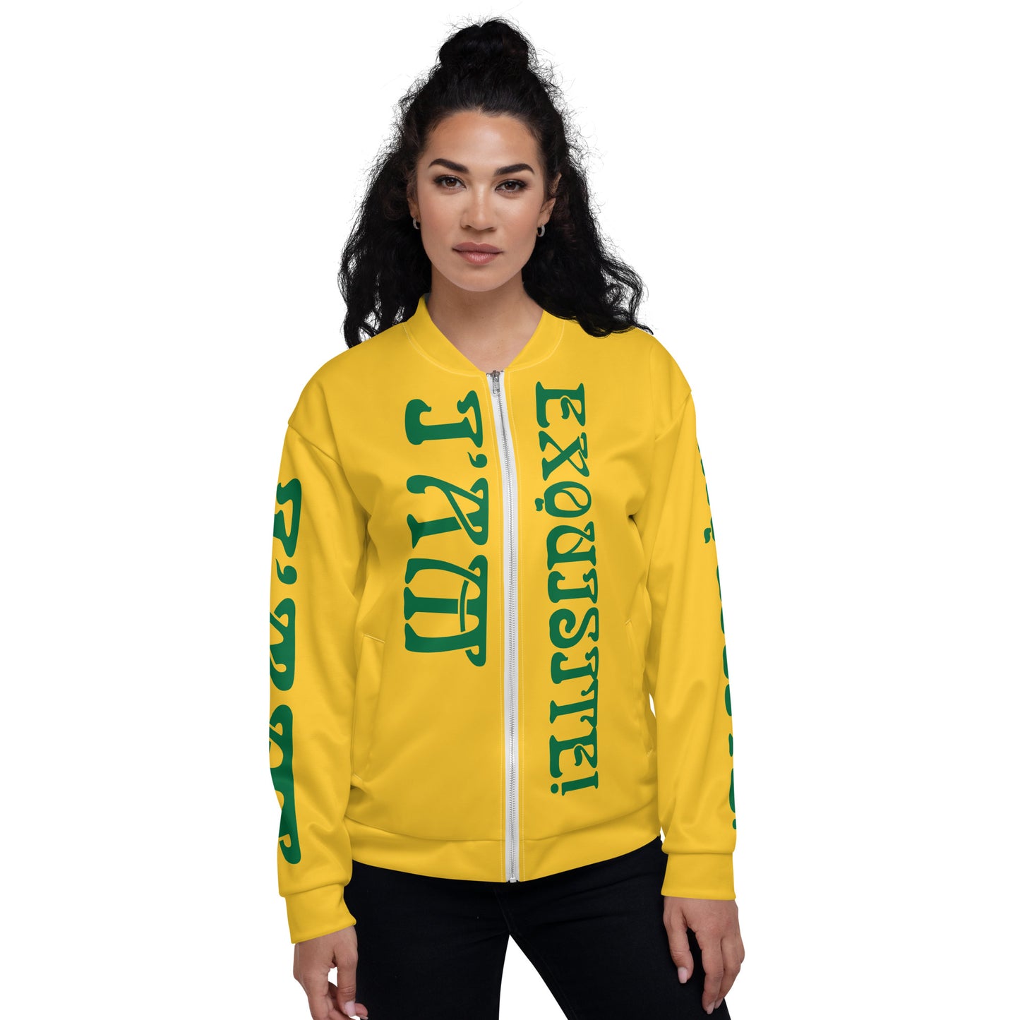 “I’AM EXQUISITE!”Yellow Unisex Bomber Jacket W/Green Font