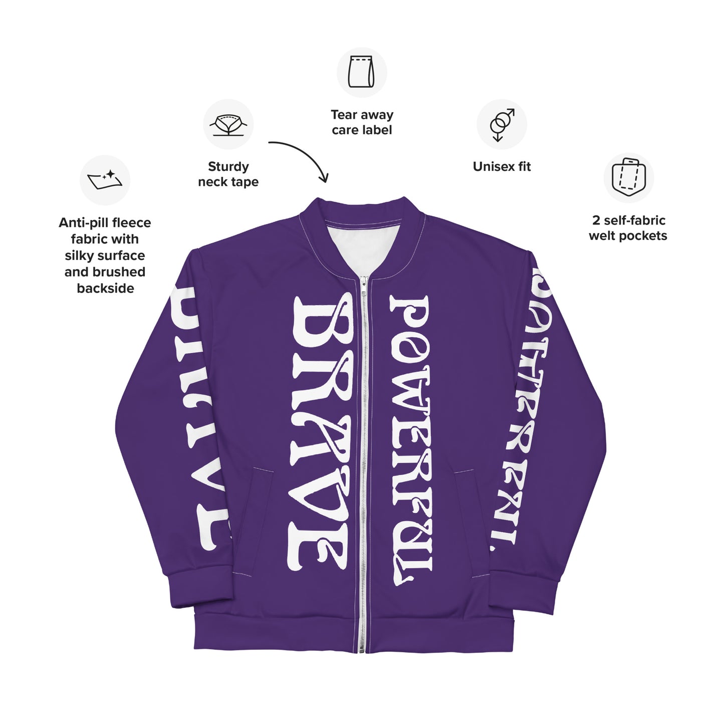 “BRAVE,POWERFUL”Purple Unisex Bomber Jacket W/White Font