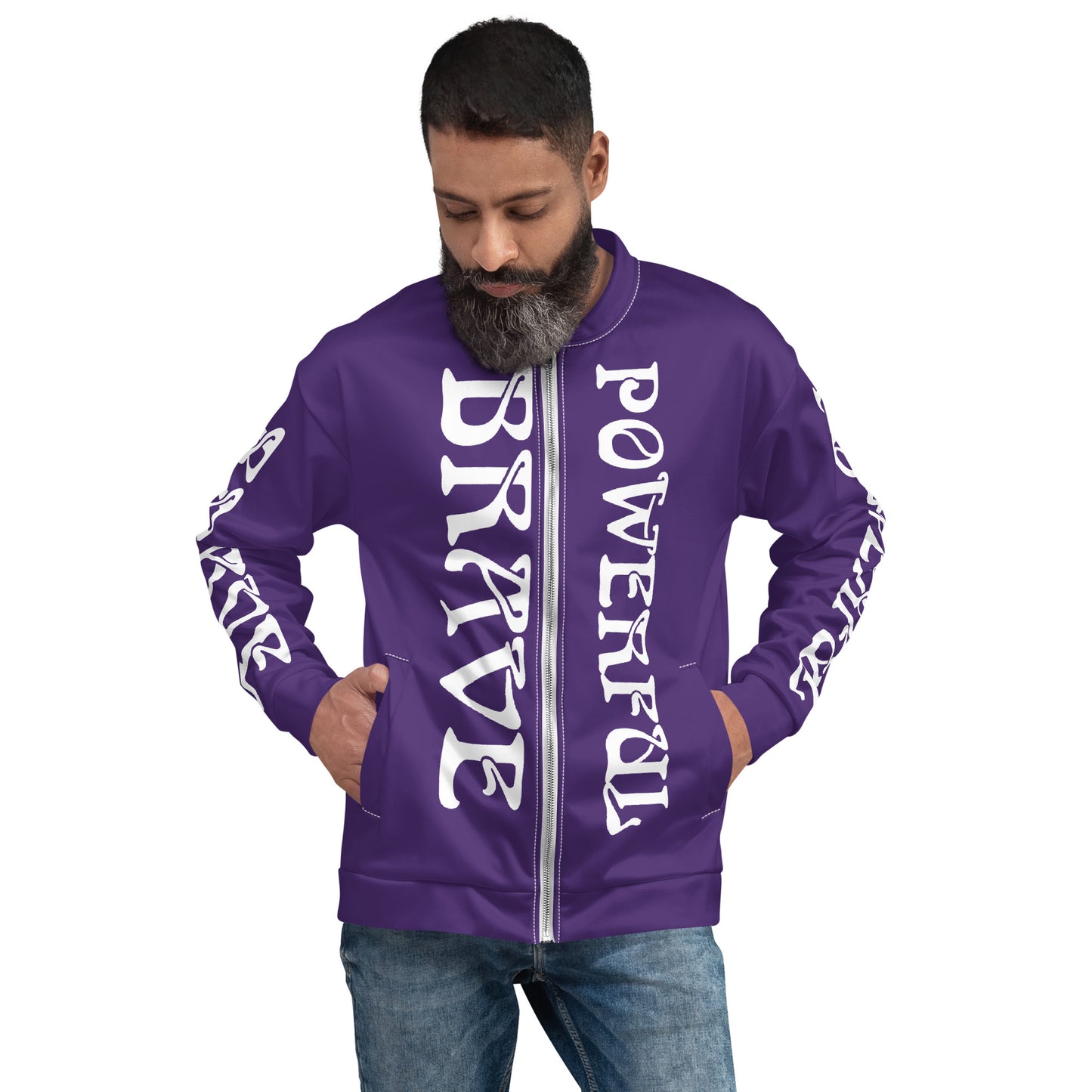 “BRAVE,POWERFUL”Purple Unisex Bomber Jacket W/White Font