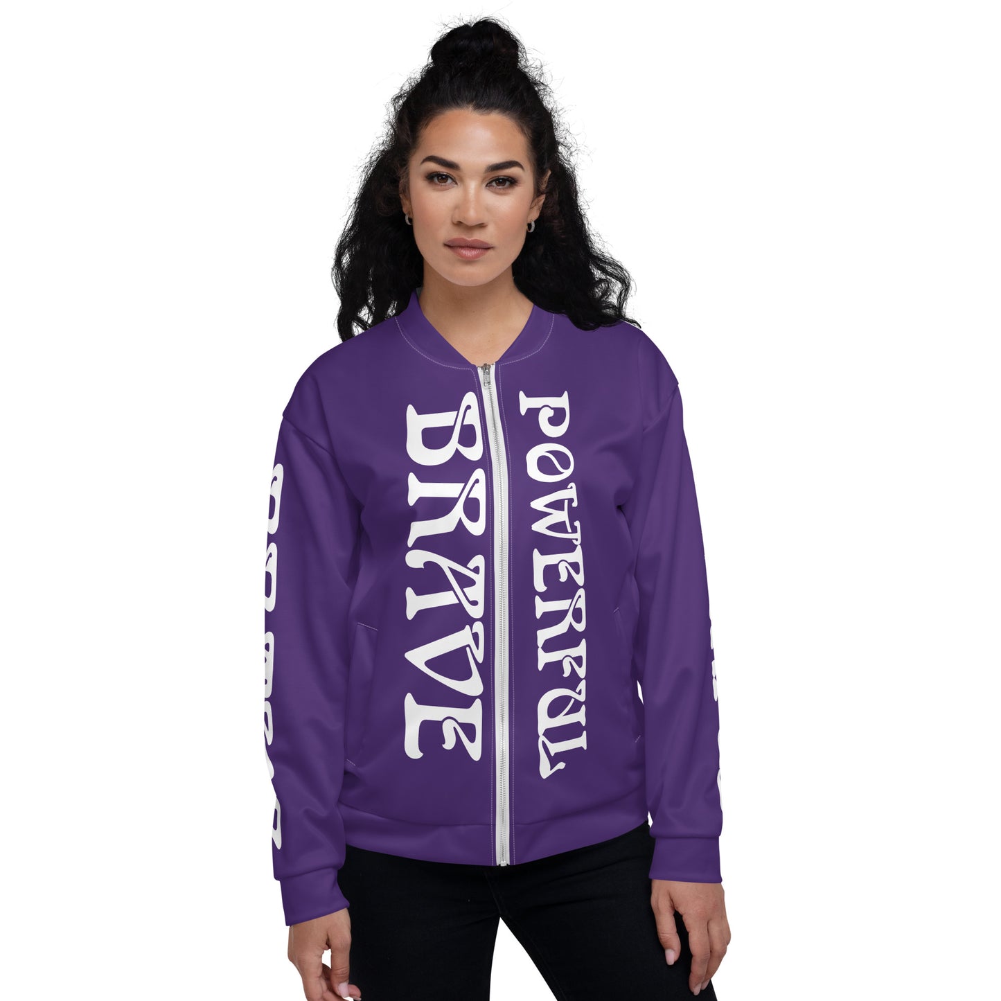“BRAVE,POWERFUL”Purple Unisex Bomber Jacket W/White Font