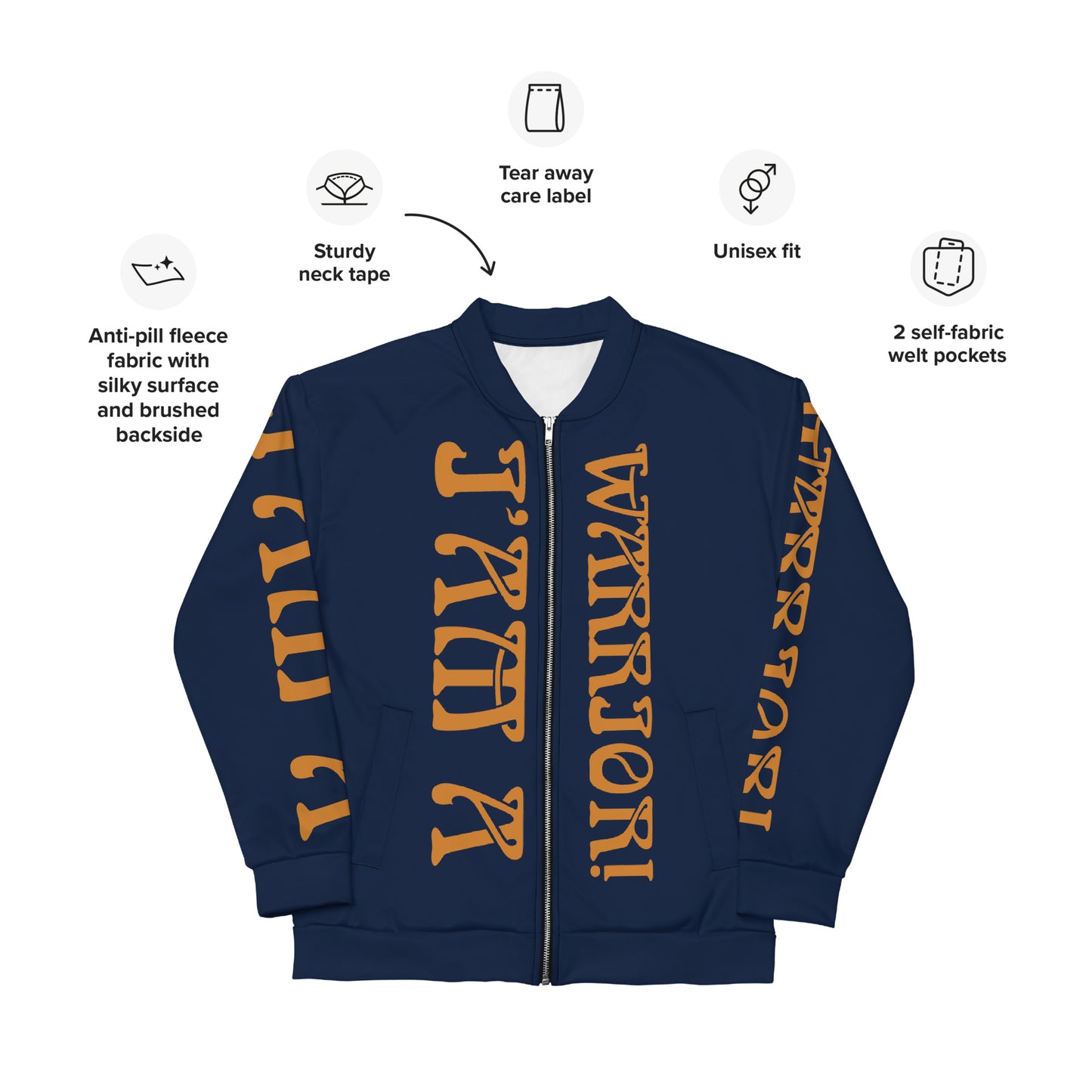 “I’AM A WARRIOR!”Navy Unisex Bomber Jacket W/Bronze Font