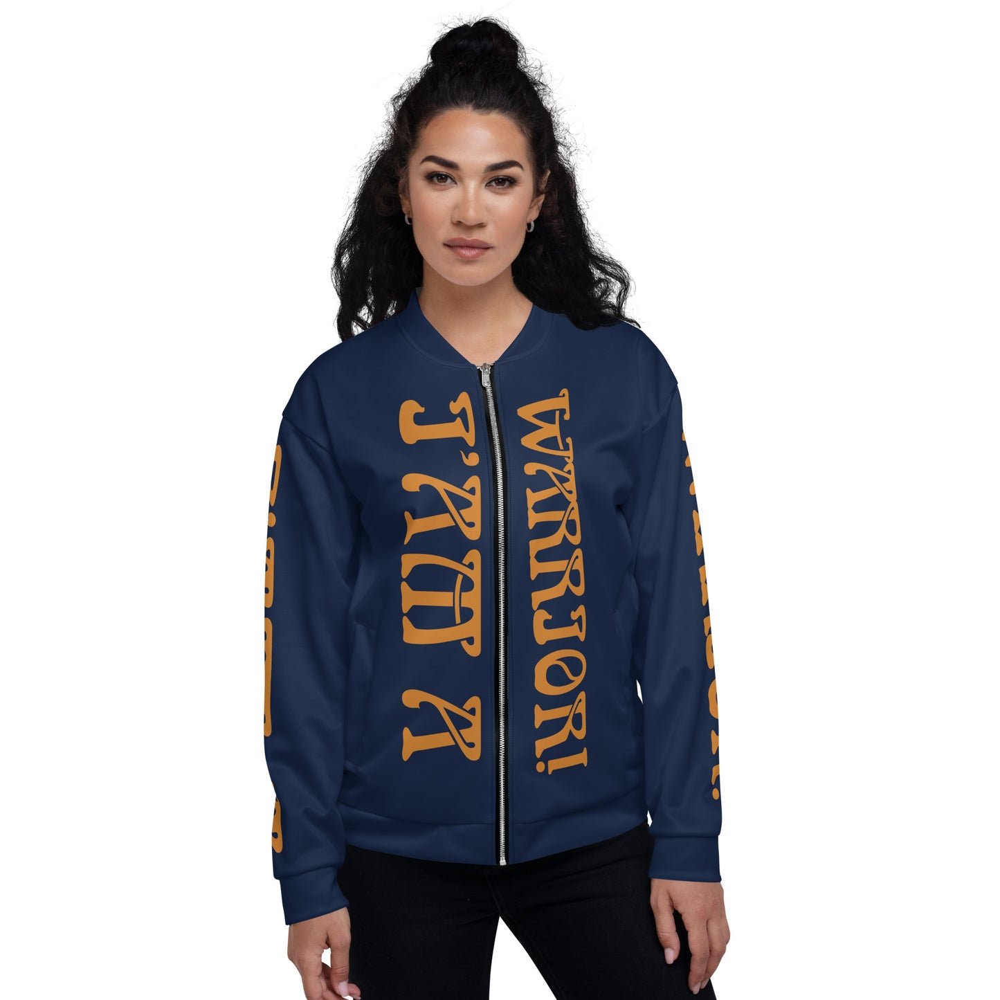 “I’AM A WARRIOR!”Navy Unisex Bomber Jacket W/Bronze Font