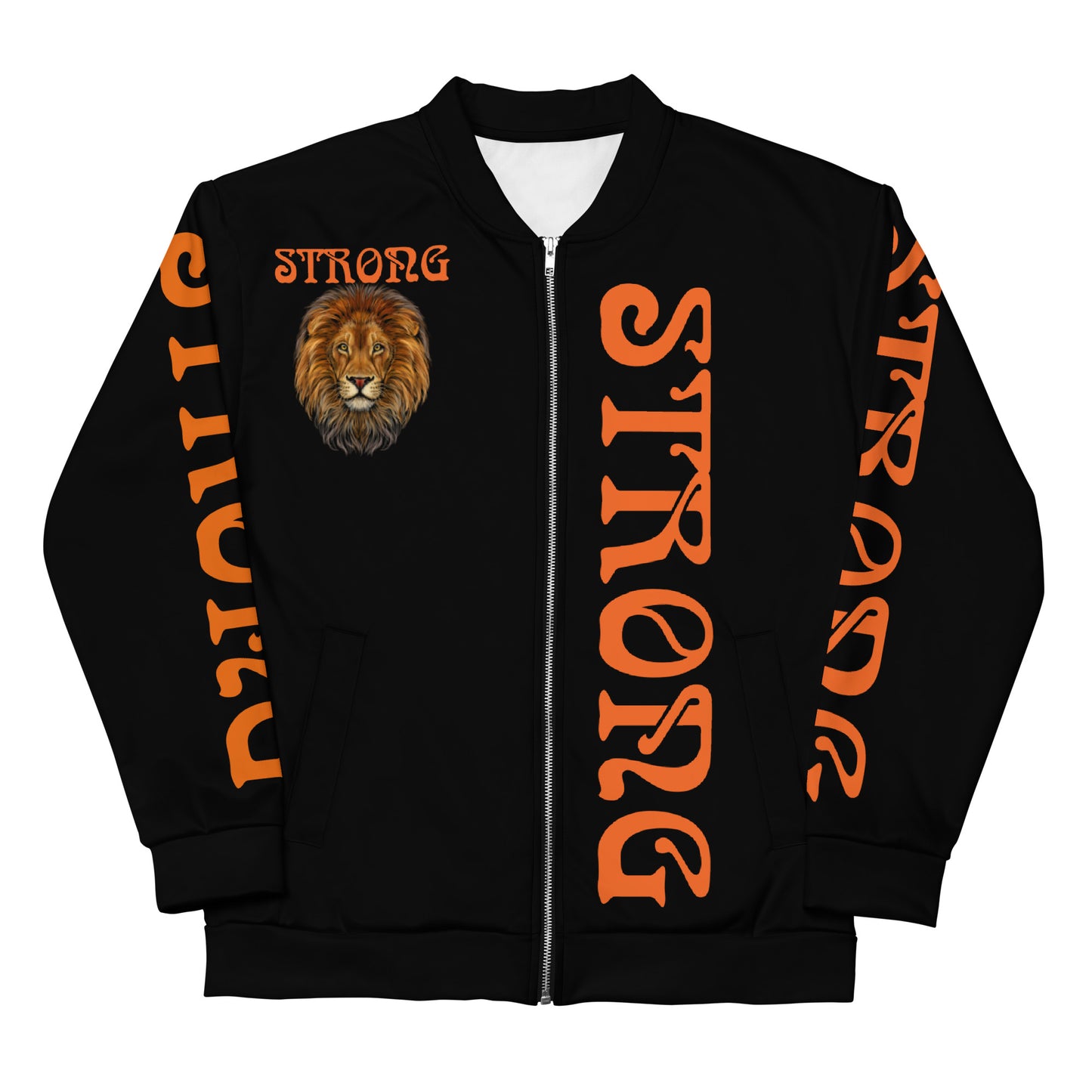 “STRONG”Black Unisex Bomber Jacket W/Double-Sided Orange Font