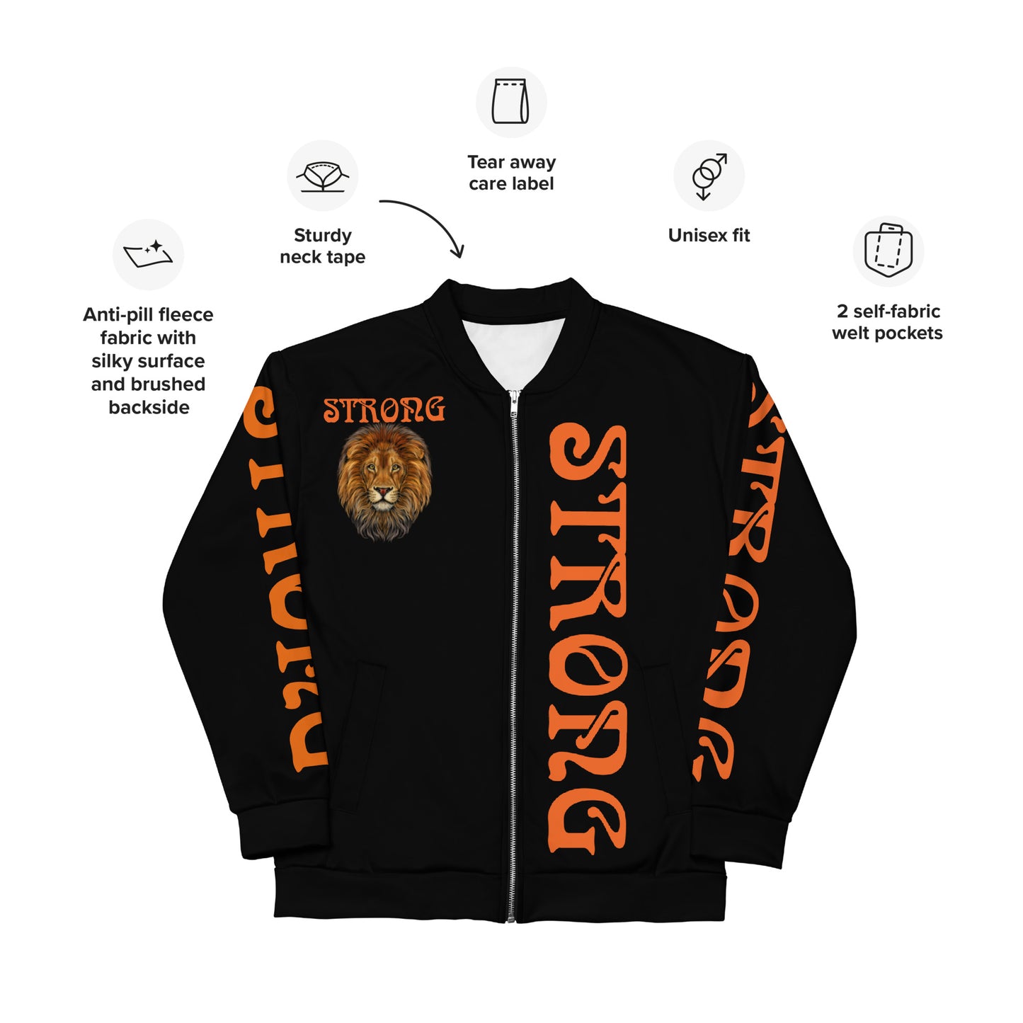 “STRONG”Black Unisex Bomber Jacket W/Double-Sided Orange Font