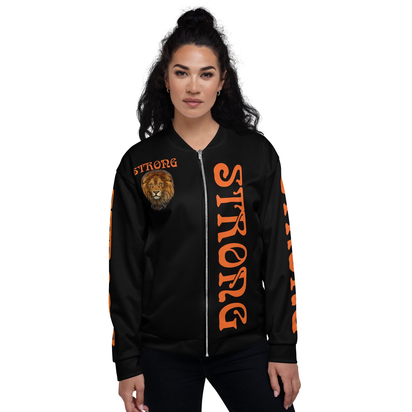 “STRONG”Black Unisex Bomber Jacket W/Double-Sided Orange Font