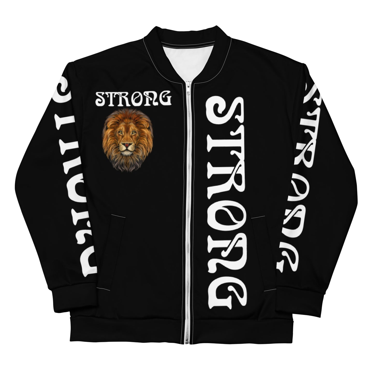 “STRONG”Black Unisex Bomber Jacket W/Double-Sided White Font