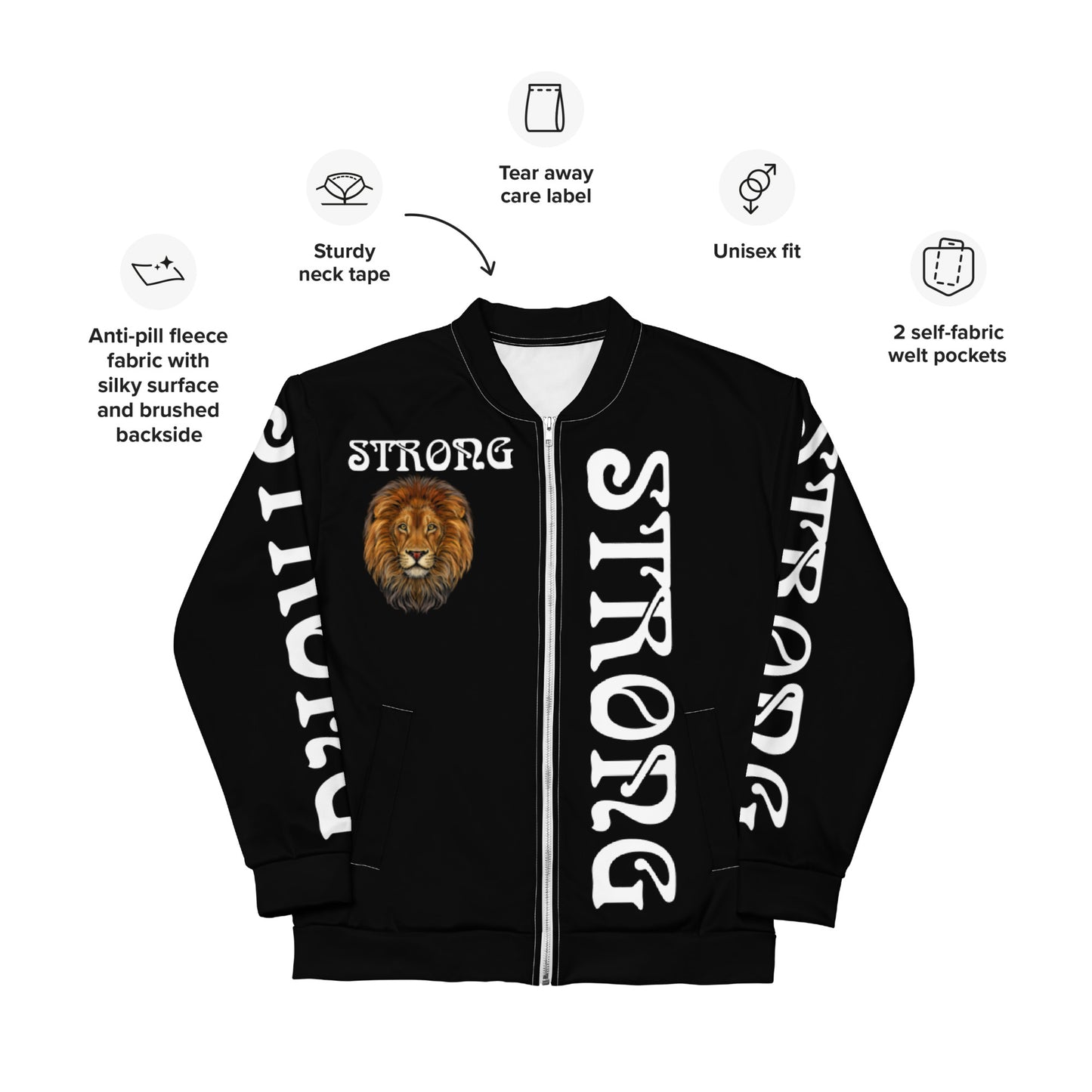 “STRONG”Black Unisex Bomber Jacket W/Double-Sided White Font