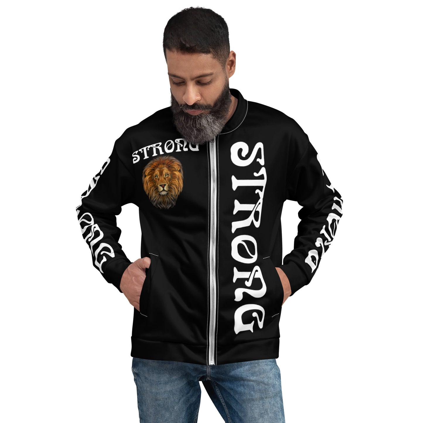 “STRONG”Black Unisex Bomber Jacket W/Double-Sided White Font