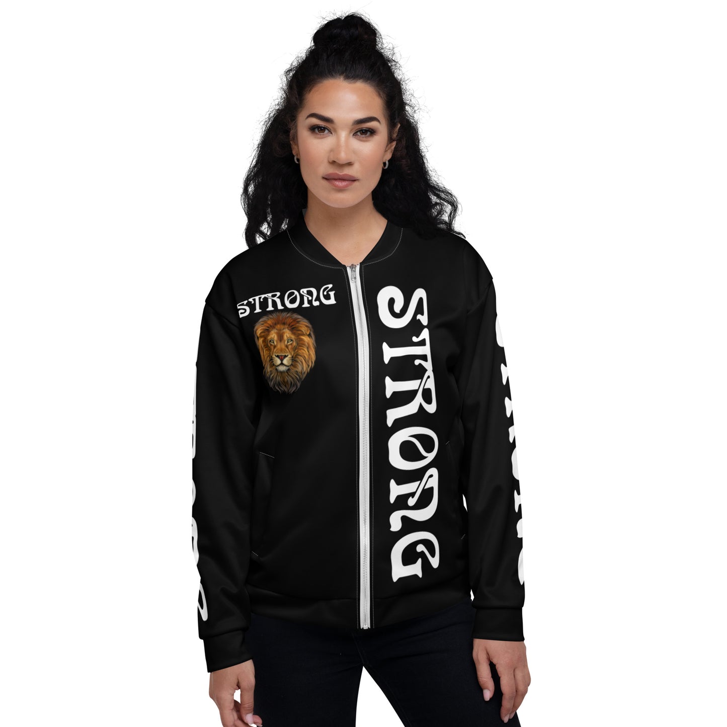 “STRONG”Black Unisex Bomber Jacket W/Double-Sided White Font