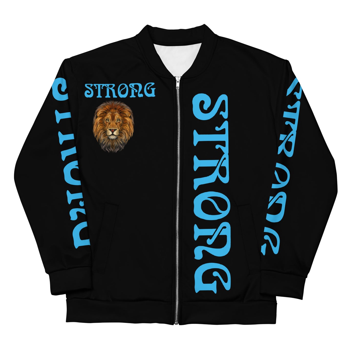“STRONG”Black Unisex Bomber Jacket W/Double-Sided SkyBlue Font