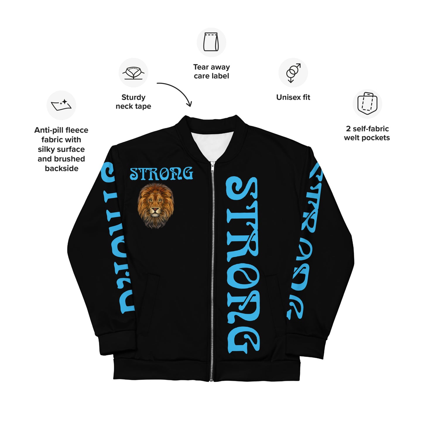 “STRONG”Black Unisex Bomber Jacket W/Double-Sided SkyBlue Font